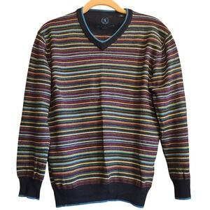 Bugatchi Sweater Mens M Multicolor Stripe V-Neck Merino Wool Excellent Luxury